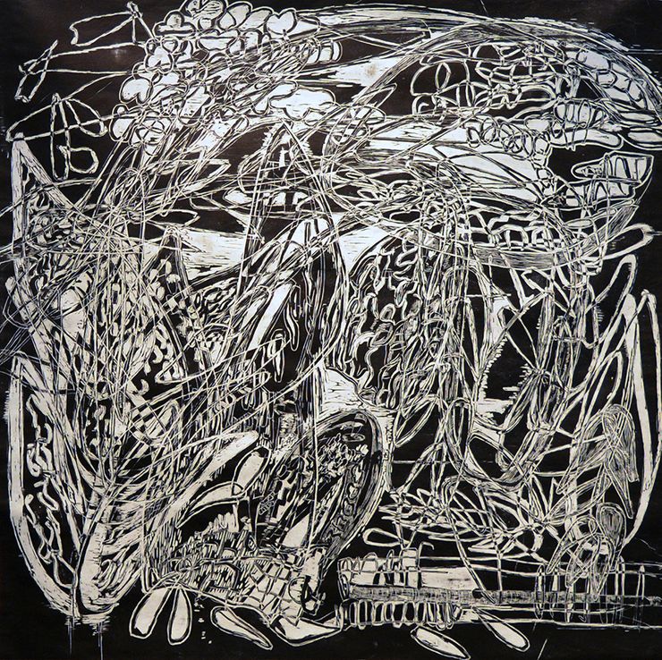 <b>Sphagnum Moss Microscopy V, 48x48”, 2022, Woodcut, Ink on Paper</b></br>I lose myself in the carving process—it’s undoubtedly my favorite part of woodblock printmaking. I love spending hours immersed in the physicality of carving across woodgrain, contemplating the push and pull of negative and positive space, knowing that it all comes down to determining what will be black and what will be white in a piece like this.